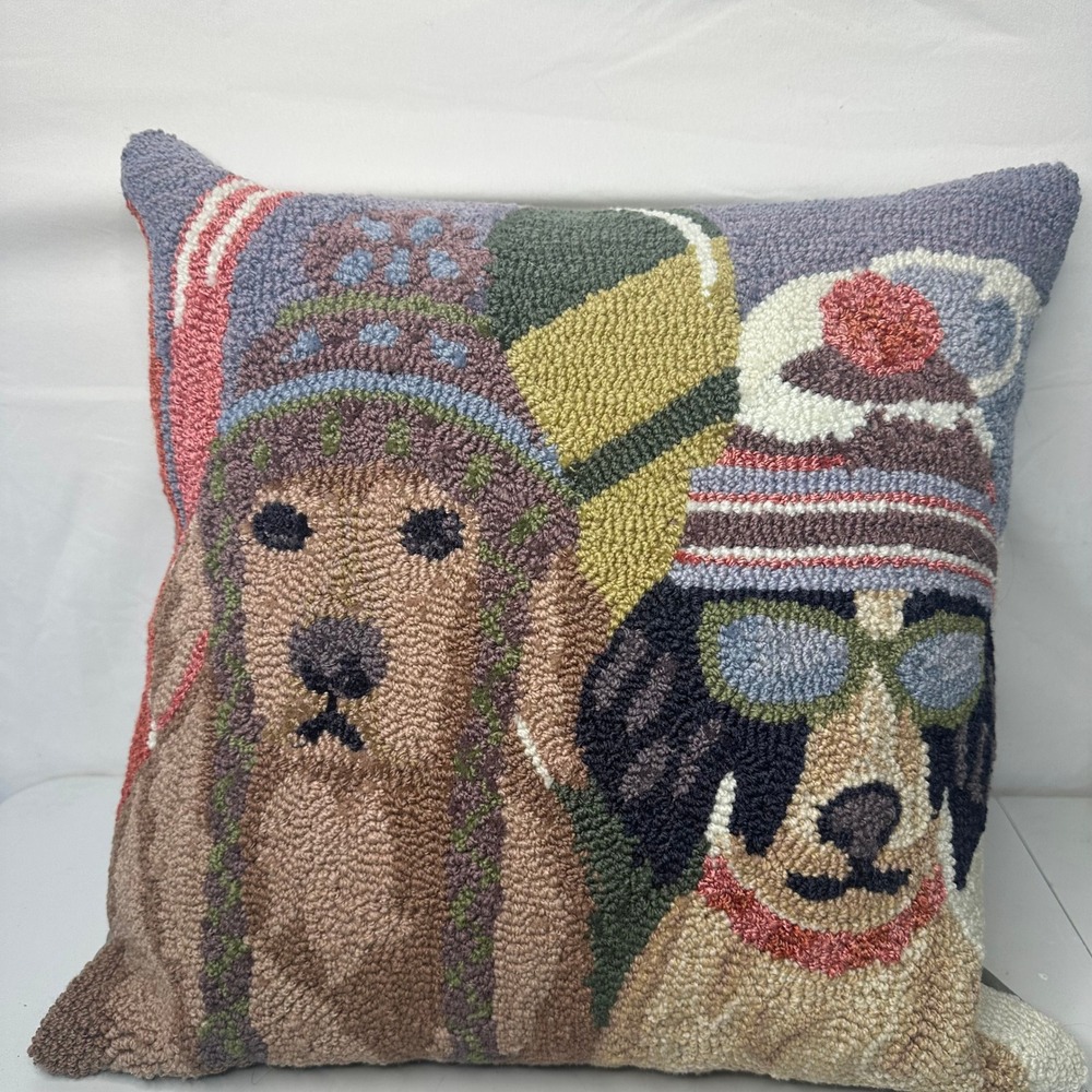 Hand Hooked Wool Dog Pillow Winter Hats Sunglasses Decorative Accent 16x16